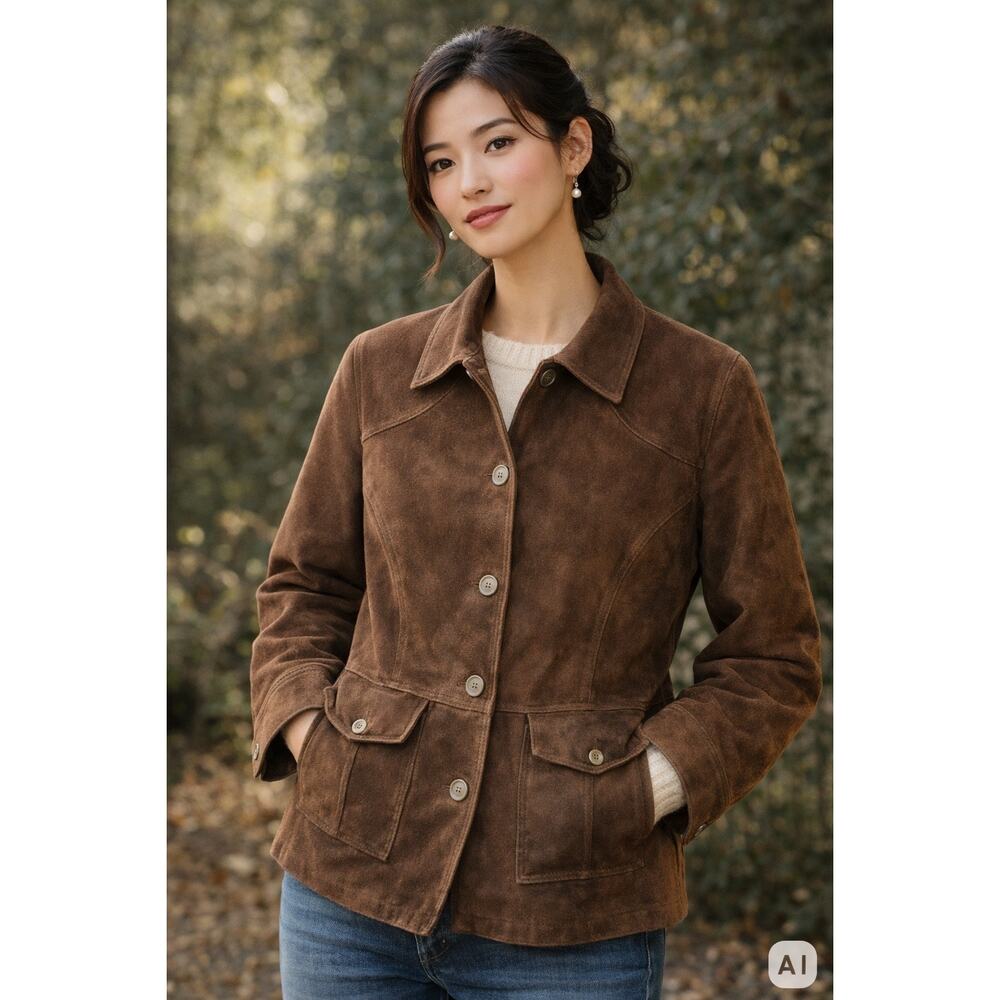 L.L Bean Women's Brown Leatrher jacket Med Lined Zip Classic Soft Suede